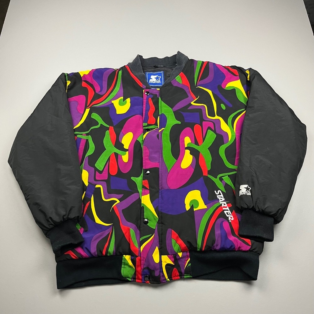 Starter Puffer Jacket Mens Large Black Abstract Multi-Color Vintage 90s Bomber